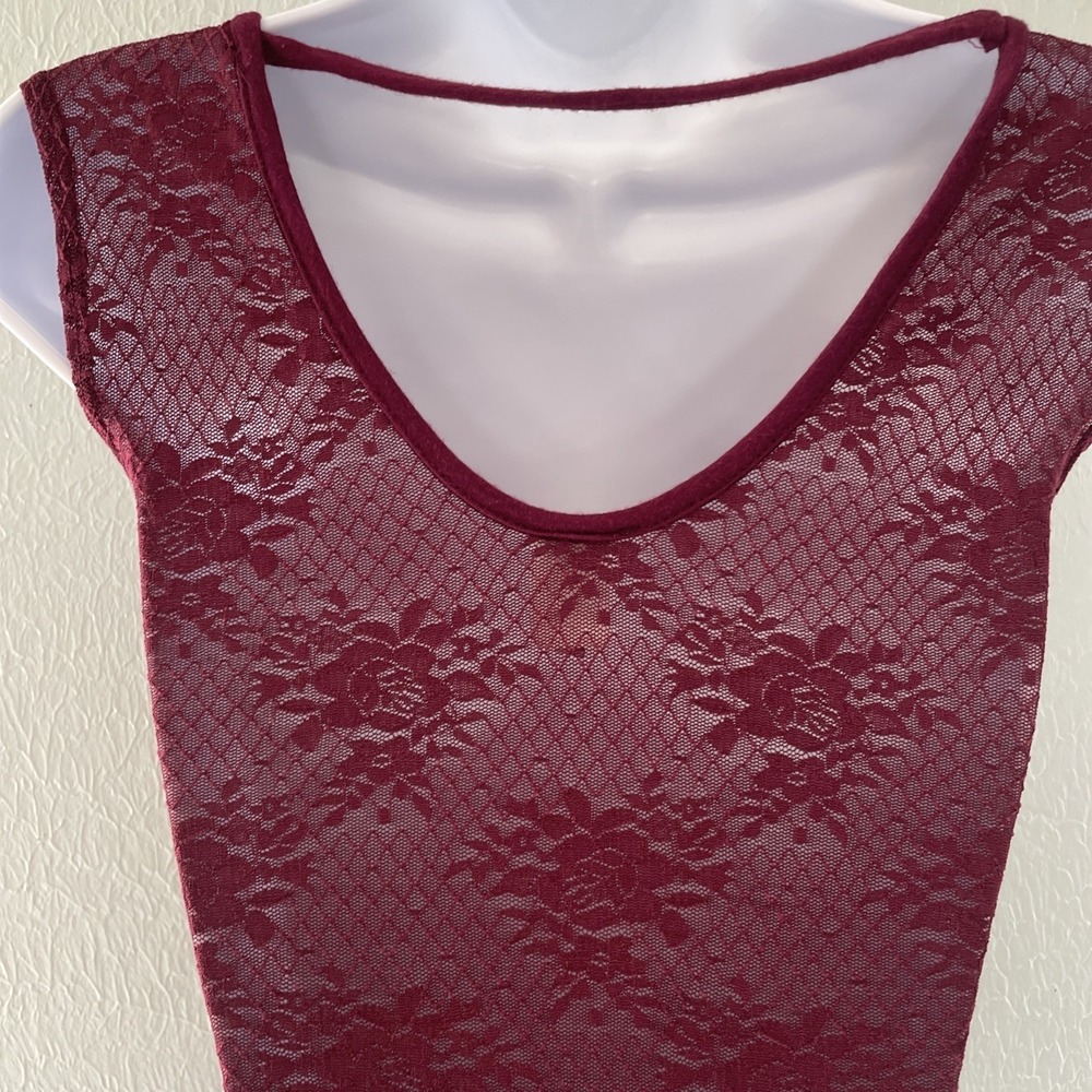 Vintage Y2K Mesh Lace Floral Burgandy Red Fitted Top Long Sheer Vamp Goth Small - Picture 9 of 9